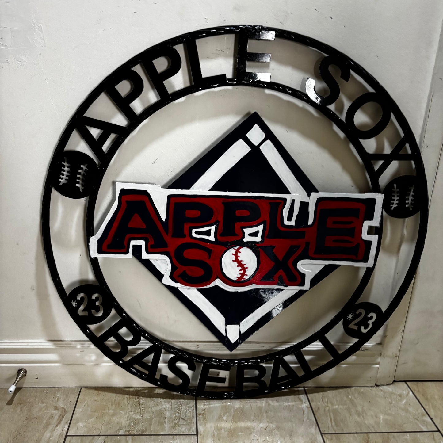 APPLE SOX BASEBALL CUSTOM METAL VINTAGE CRAFT SIGN TEAM NAVY BLUE WHITE RED HANDMADE