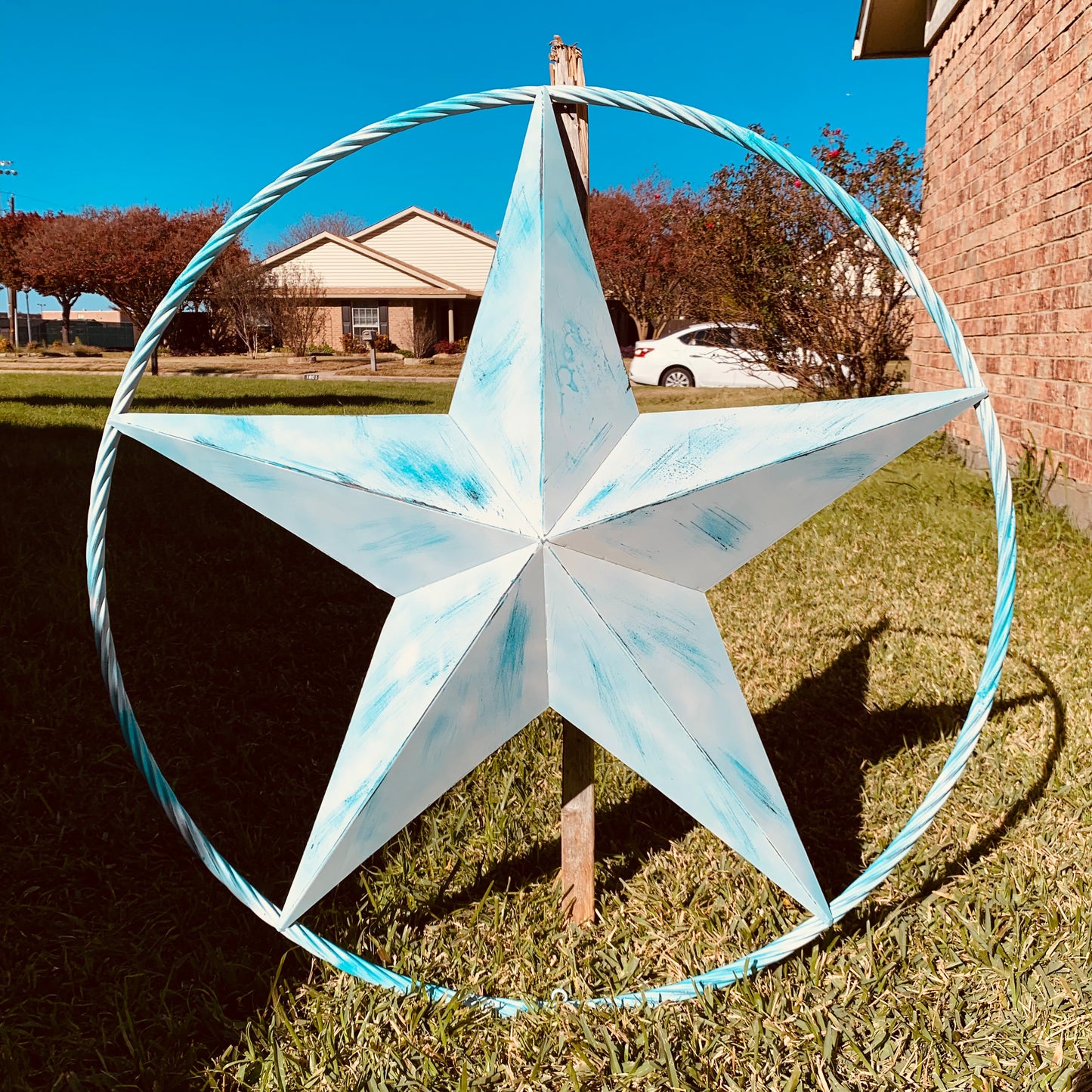 #EH11219 TURQUOISE WHITE DISTRESSED STAR TWO TONE TEXTURE BARN STAR METAL LONESTAR TWISTED ROPE RING WESTERN HOME DECOR HANDMADE NEW