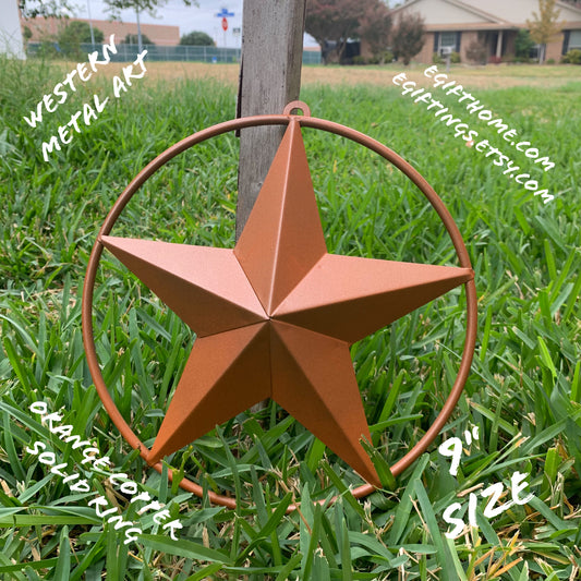 ORANGE COPPER SOLID RING BARN STAR 3",4",6",9",12" METAL LONE STAR WESTERN HOME DECOR HANDMADE-#EH10026
