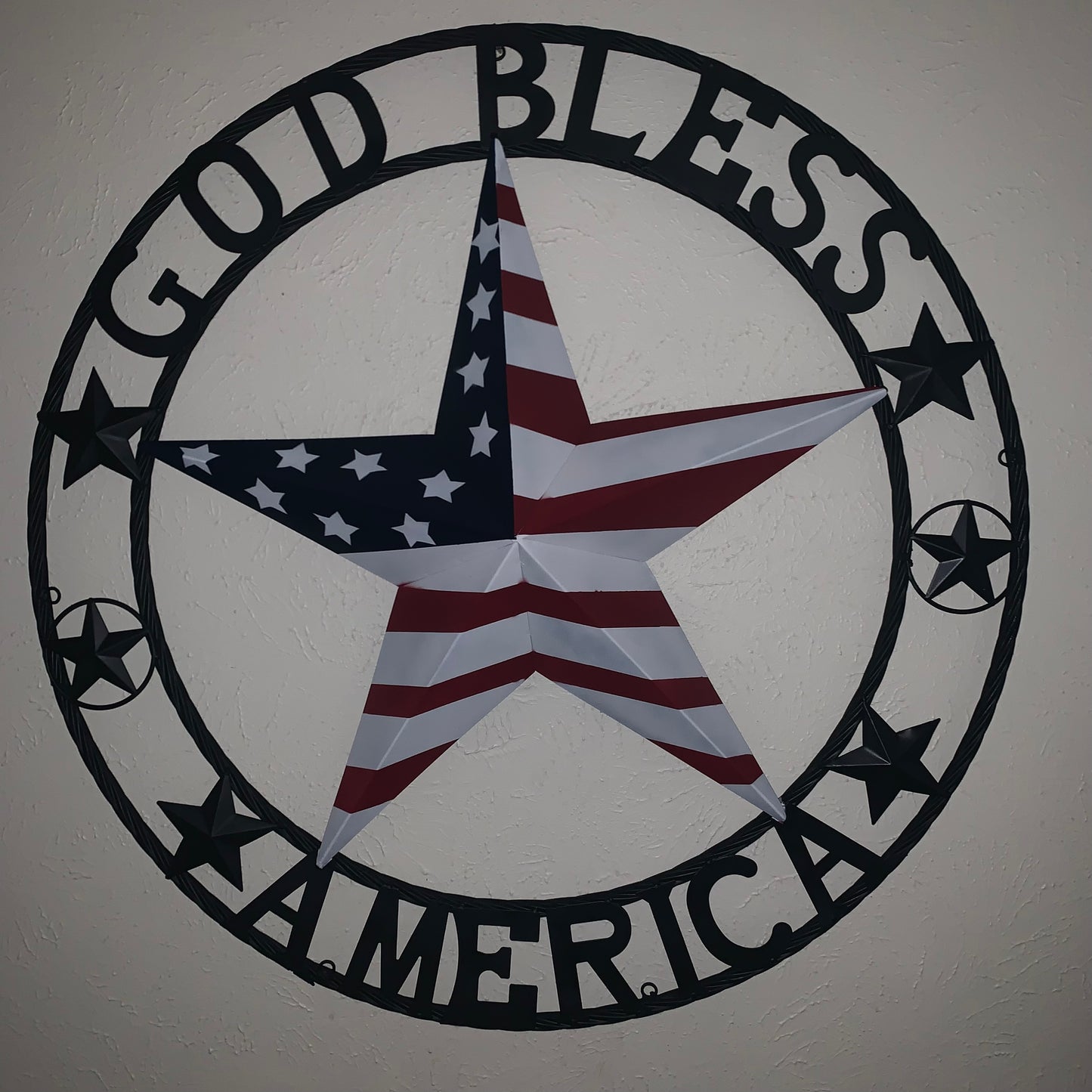 GOD BLESS AMERICA USA FLAG 3d STAR METAL BARN STAR BLACK TWISTED ROPE RING WALL ART WESTERN HOME DECOR RED WHITE & BLUE HANDMADE NEW #EH10490
