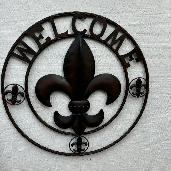 24" WELCOME FLEUR DE LIS METAL WALL ART WESTERN HOME DECOR BROWN NEW #EH11997