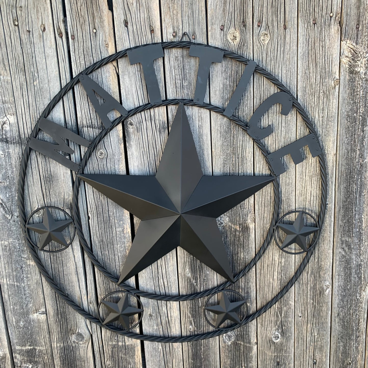 MATTICE STYLE BLACK STAR YOUR CUSTOM NAME BARN METAL STAR 3d TWISTED ROPE RING WESTERN HOME DECOR HANDMADE 24",32",36",50"