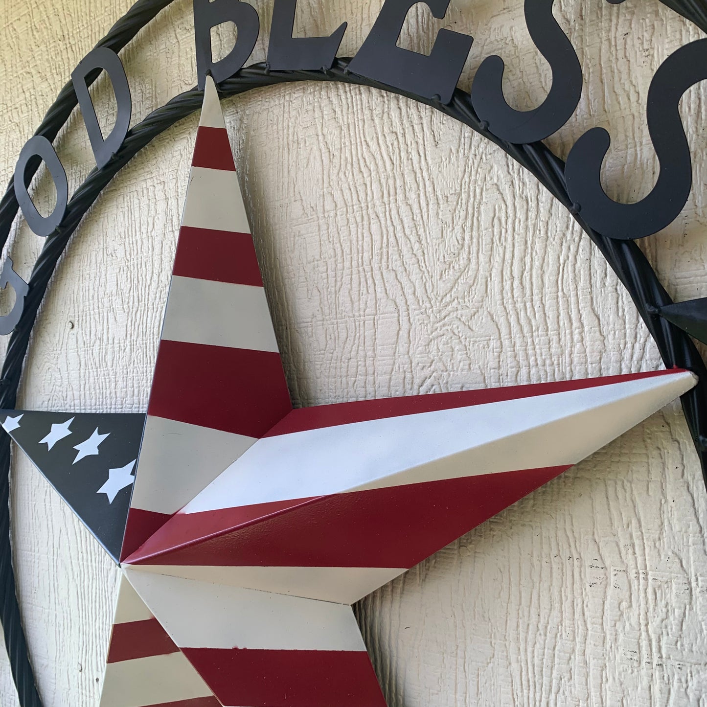 GOD BLESS AMERICA USA FLAG 3d STAR METAL BARN STAR BLACK TWISTED ROPE RING WALL ART WESTERN HOME DECOR RED WHITE & BLUE HANDMADE NEW #EH10490