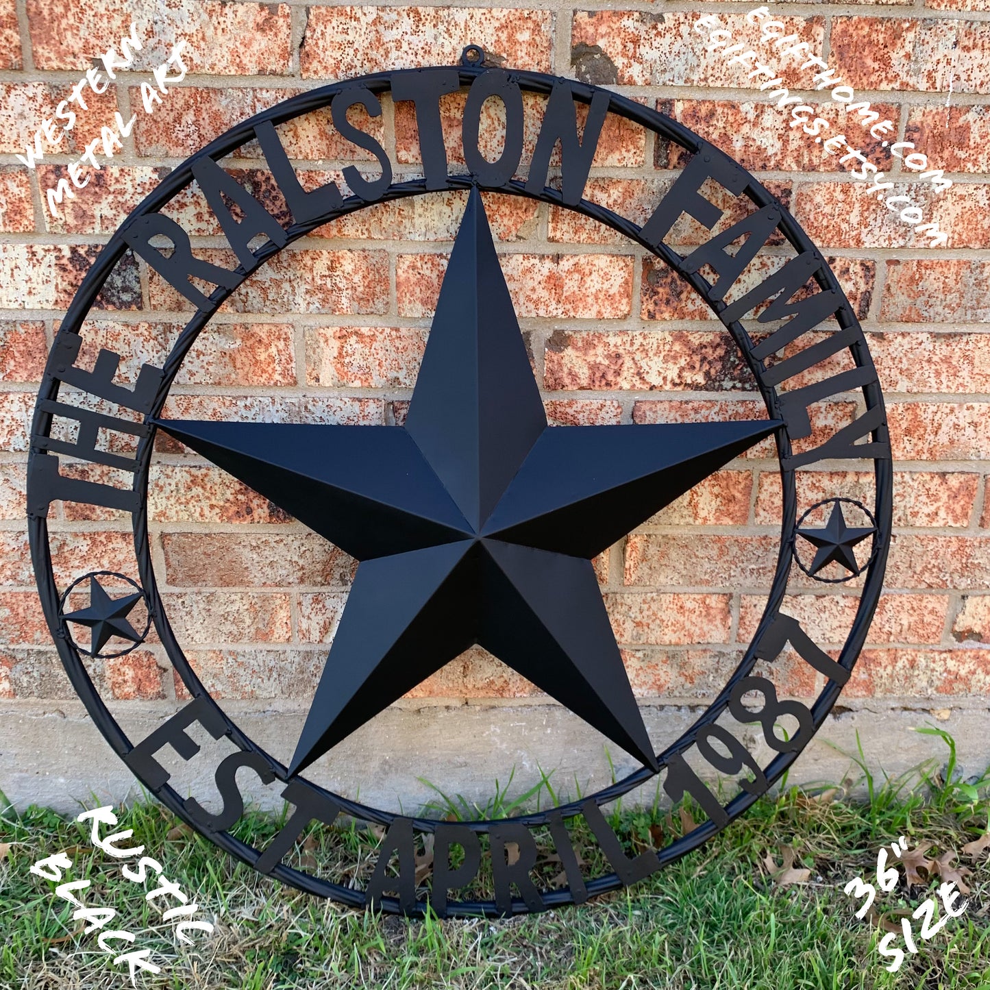 RALSTON FAMILY STYLE CUSTOM NAME STAR BARN METAL STAR 3d TWISTED ROPE RING WESTERN HOME DECOR RUSTIC BLACK HANDMADE 24",32",36",50"
