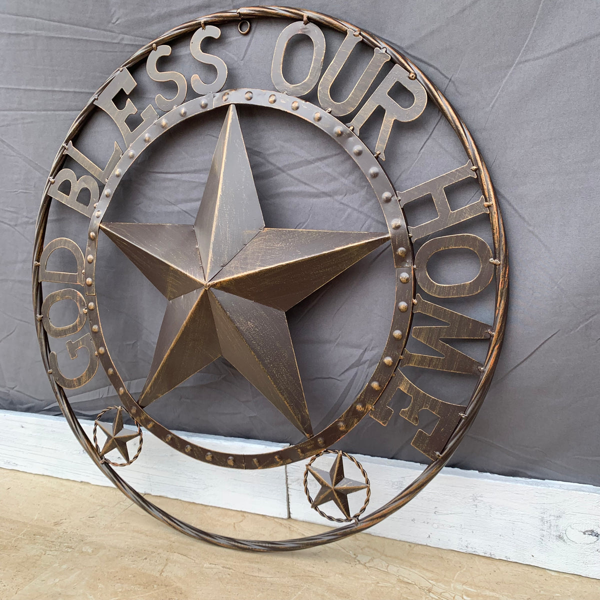 24" GOD BLESS OUR HOME BEADED STAR COLIBROX METAL TWISTED ROPE RING LONE STAR WALL ART WESTERN HOME DECOR RUSTIC DARK BRONZE COPPER HANDMADE NEW