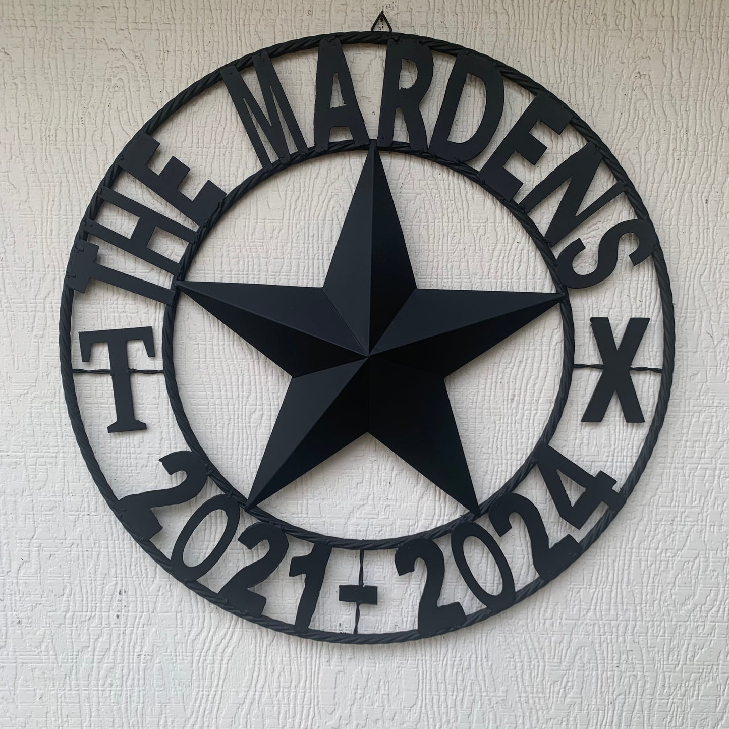 MARDENS STYLE CUSTOM NAME STAR BARN METAL STAR 3d TWISTED ROPE RING WESTERN HOME DECOR RUSTIC BLACK HANDMADE 24",32",36",50"
