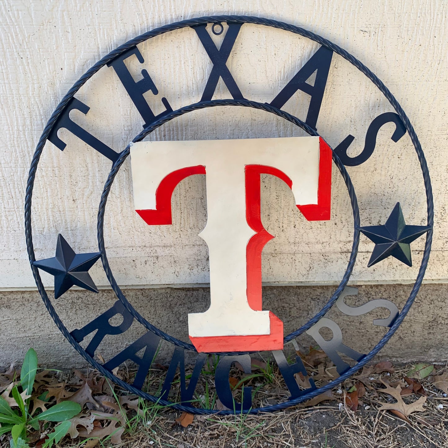 12", 18", 24", 32" TEXAS RANGERS BARN CUSTOM METAL VINTAGE CRAFT SIGN TEAM  WHITE & RED & NAVY BLUE RING & STAR HANDMADE