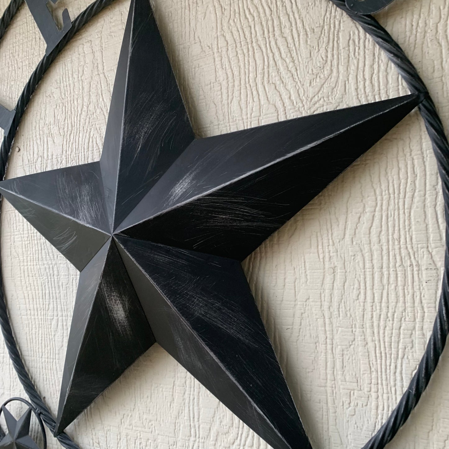 TEXAS BLACK DISTRESSED STAR TWO TONE TEXTURE BARN STAR METAL LONESTAR TWISTED ROPE RING WESTERN HOME DECOR HANDMADE NEW
