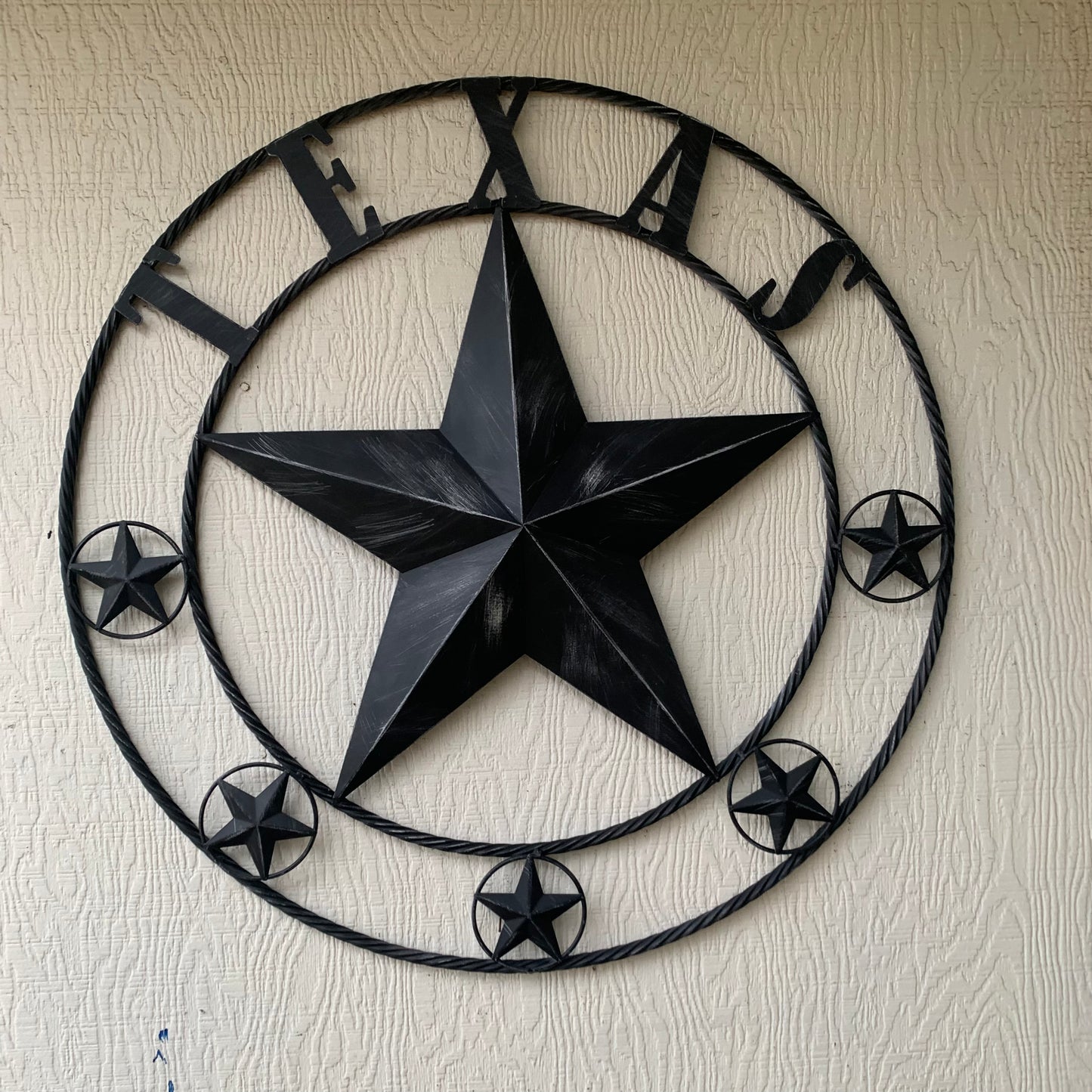 TEXAS BLACK DISTRESSED STAR TWO TONE TEXTURE BARN STAR METAL LONESTAR TWISTED ROPE RING WESTERN HOME DECOR HANDMADE NEW