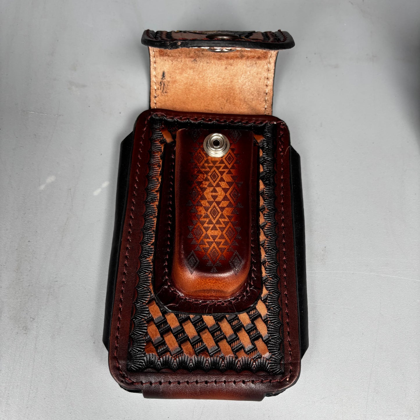 COWBOY PRAYER LEATHER HOLSTER 7" PHONE POUCH WITH KNIFE HOLDER FRONT EXTRA LARGE  BELT LOOP CELL PHONE CASE UNIVERSAL OVERSIZE MADE IN MEXICO #EH13861