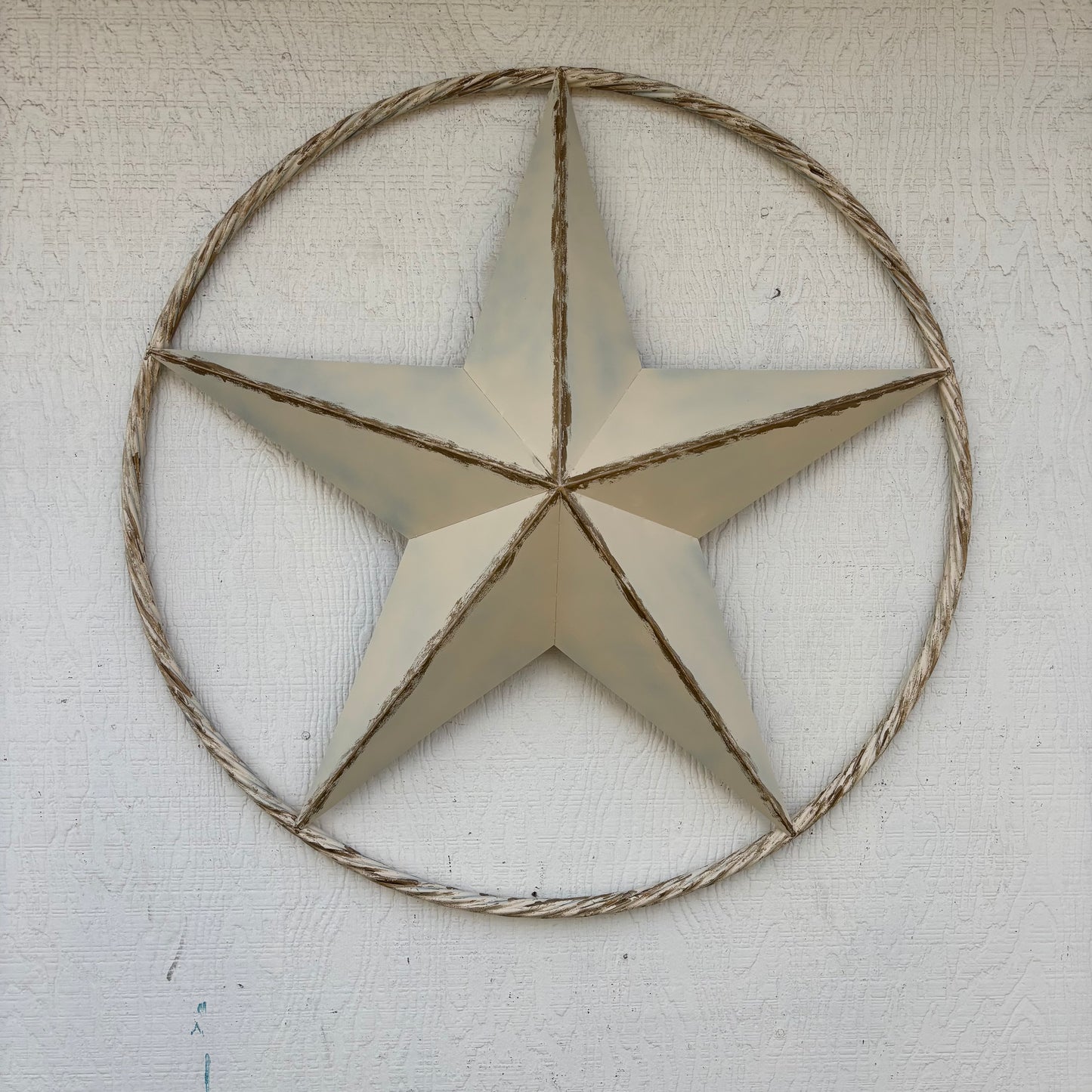 DISTRESSED IVORY WHITE ANTIQUE STAR TWIST ROPE RING METAL WALL ART WESTERN HOME DECOR HANDMADE #EH13132