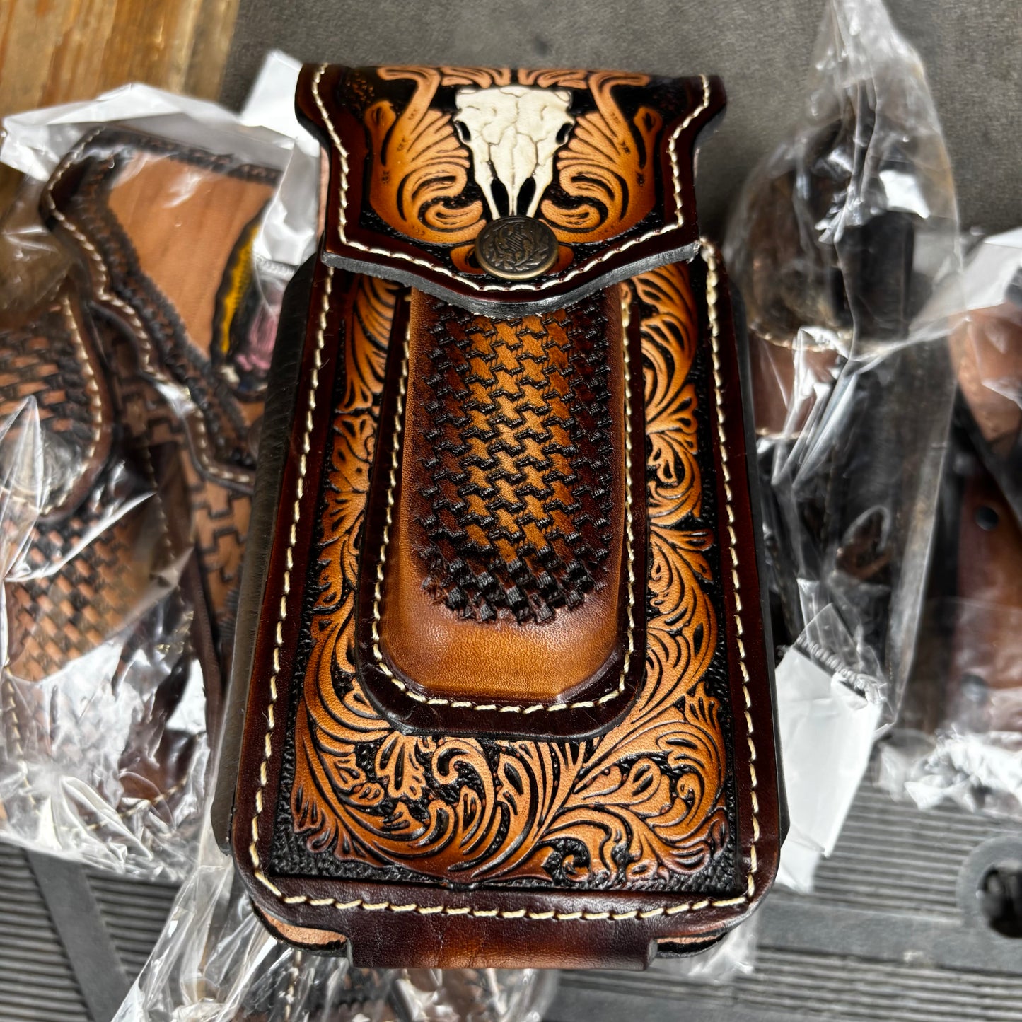 LONGHORN LEATHER HOLSTER 7" PHONE POUCH WITH KNIFE HOLDER FRONT EXTRA LARGE  BELT LOOP CELL PHONE CASE UNIVERSAL OVERSIZE MEXICO MADE #EH