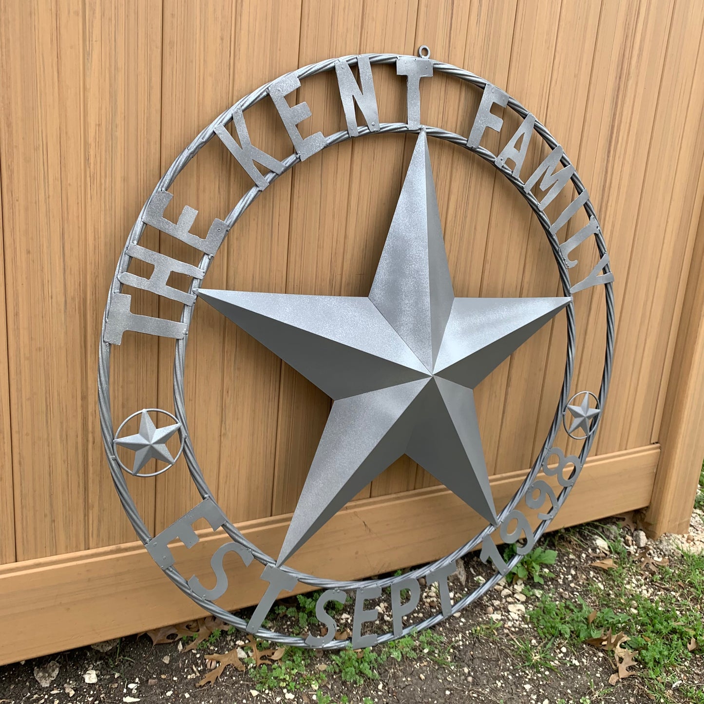 KENT STYLE CUSTOM STAR NAME BARN METAL STAR 3d TWISTED ROPE RING WESTERN HOME DECOR RUSTIC GREY SILVER HANDMADE 24",32",36",50"