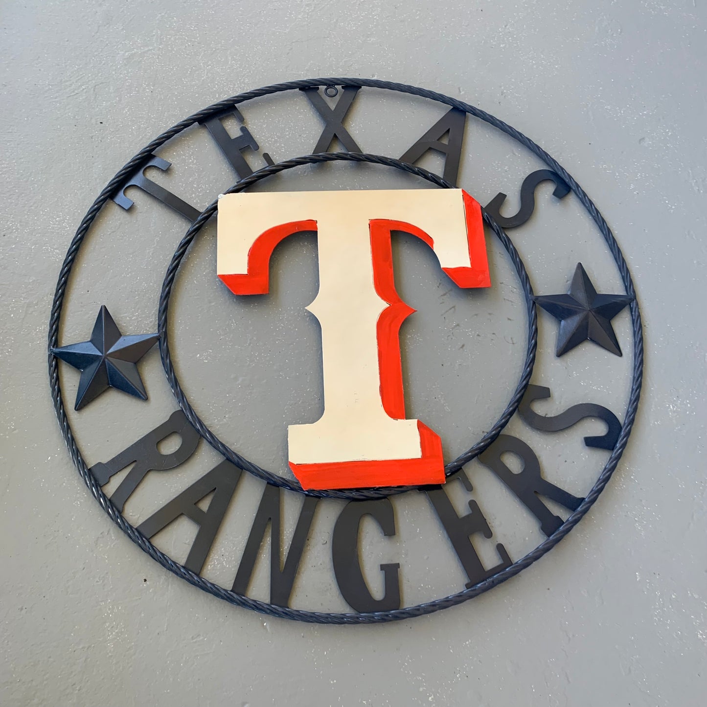 12", 18", 24", 32" TEXAS RANGERS BARN CUSTOM METAL VINTAGE CRAFT SIGN TEAM  WHITE & RED & NAVY BLUE RING & STAR HANDMADE