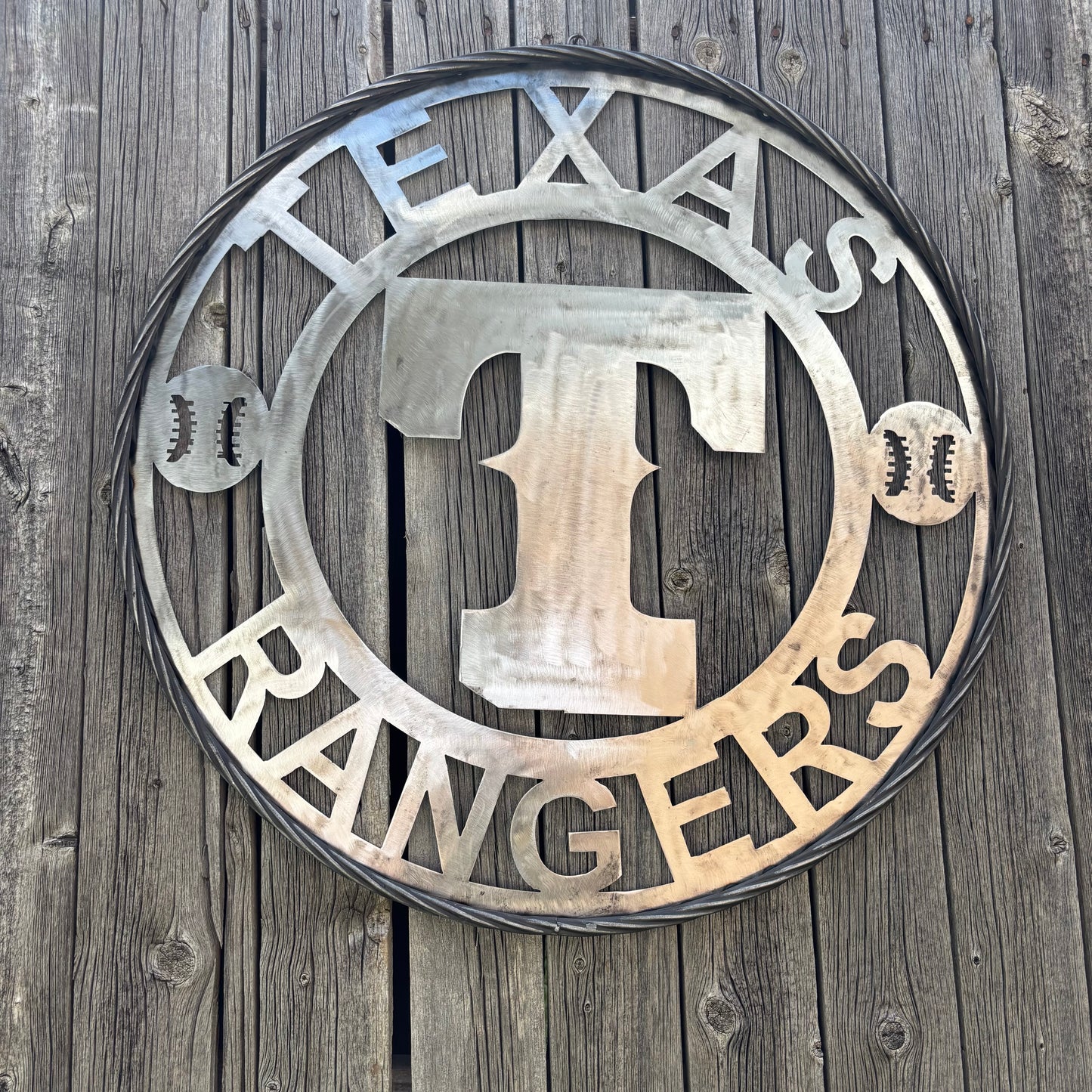 TEXAS RANGERS CUSTOM RAW METAL VINTAGE CRAFT TEAM SIGN TWISTED ROPE RING HANDMADE