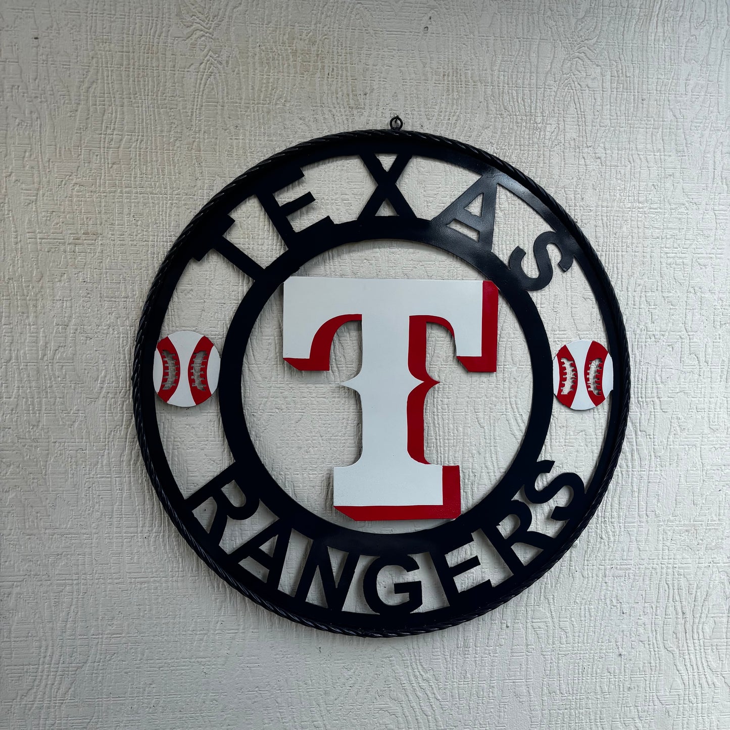 TEXAS RANGERS CUSTOM METAL VINTAGE CRAFT TEAM SIGN WHITE & RED & NAVY BLUE RING HANDMADE