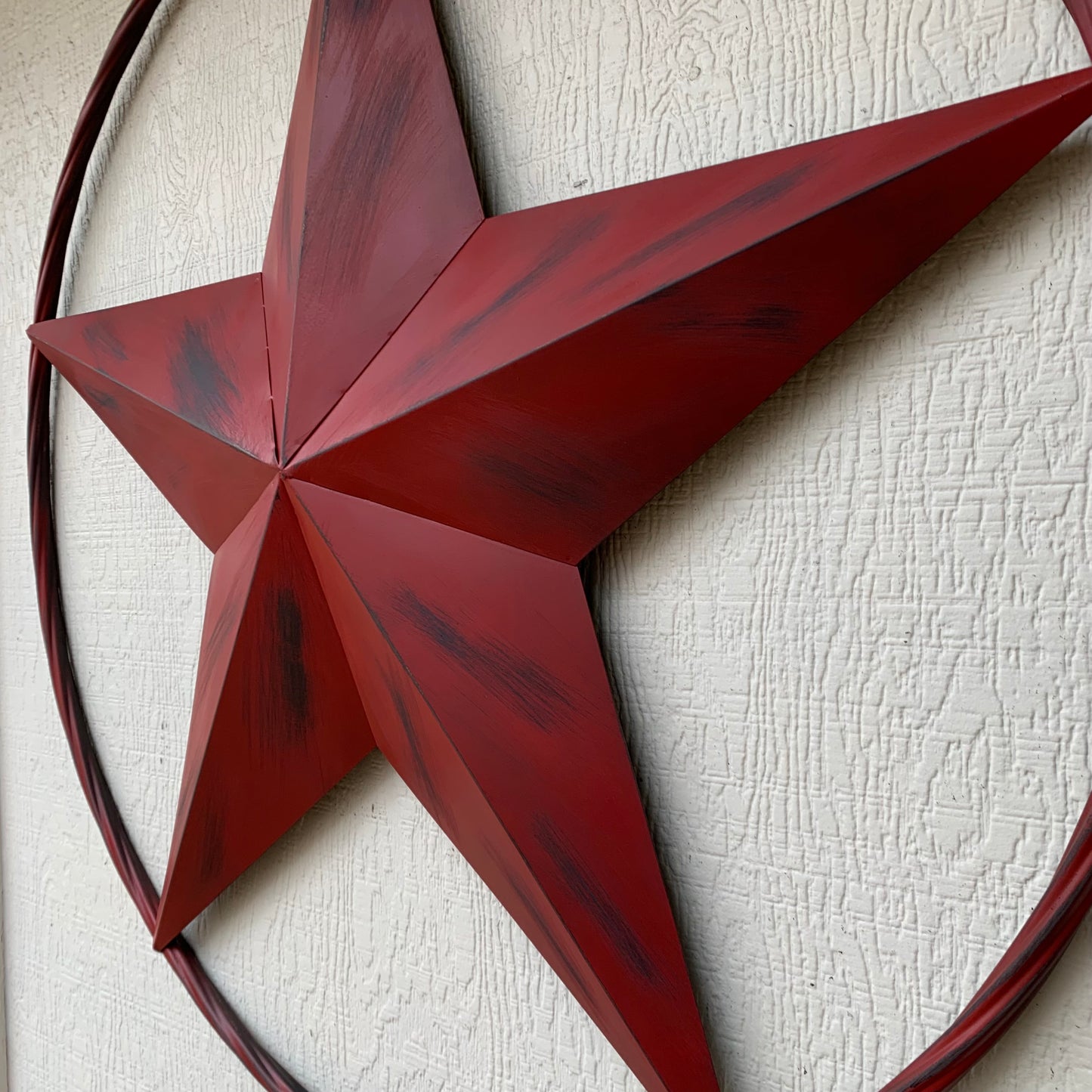RED DISTRESSED STAR TWO TONE TEXTURE BARN STAR METAL LONESTAR TWISTED ROPE RING WESTERN HOME DECOR HANDMADE NEW #EH12958