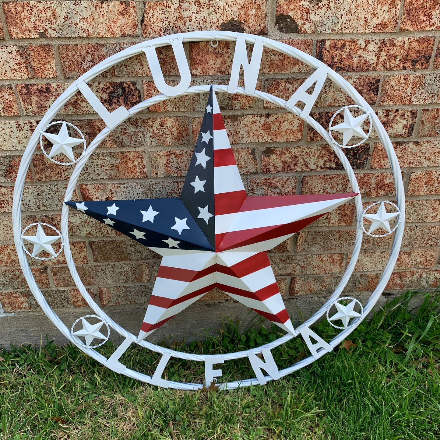 LUNA STYLE CUSTOM NAME BARN STAR METAL STAR 3d TWISTED ROPE RING WESTERN HOME DECOR USA FLAG STAR RED WHOTE & BLUE WITH WHITE RING HANDMADE 24",32",36",50"