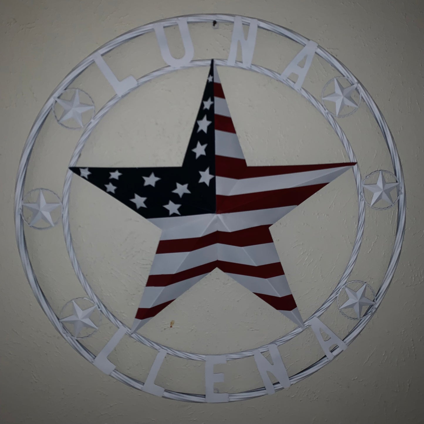 LUNA STYLE CUSTOM NAME BARN STAR METAL STAR 3d TWISTED ROPE RING WESTERN HOME DECOR USA FLAG STAR RED WHOTE & BLUE WITH WHITE RING HANDMADE 24",32",36",50"