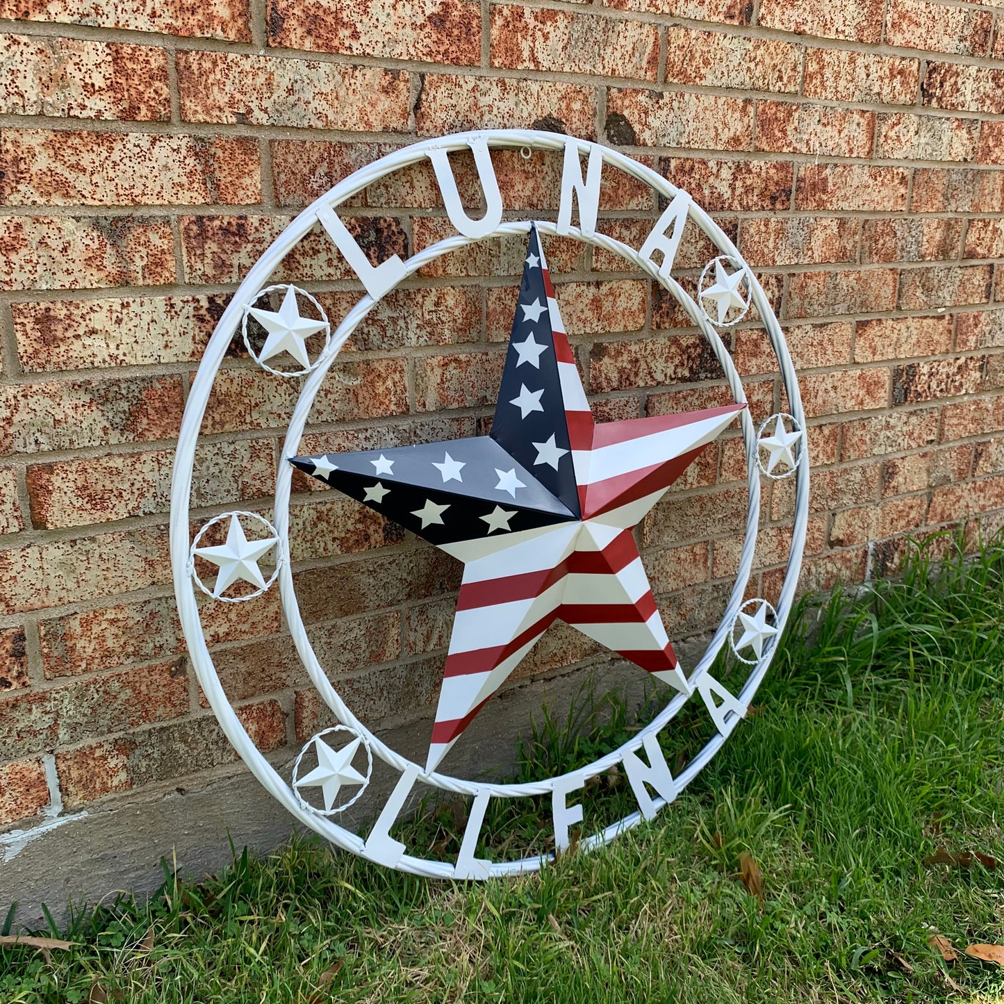 LUNA STYLE CUSTOM NAME BARN STAR METAL STAR 3d TWISTED ROPE RING WESTERN HOME DECOR USA FLAG STAR RED WHOTE & BLUE WITH WHITE RING HANDMADE 24",32",36",50"