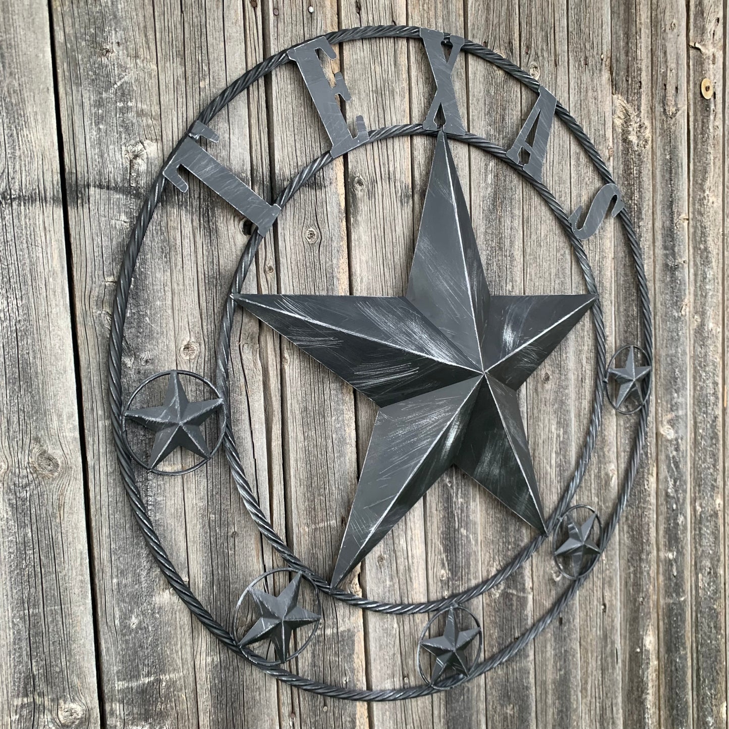 TEXAS BLACK DISTRESSED STAR TWO TONE TEXTURE BARN STAR METAL LONESTAR TWISTED ROPE RING WESTERN HOME DECOR HANDMADE NEW