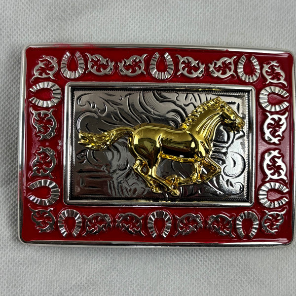 HORSE BELT BUCKLE GOLD SILVER & RED OUTLINE WESTERN METAL BUCKLE FASHION ART 4.5" X 3.5"  #EH12265