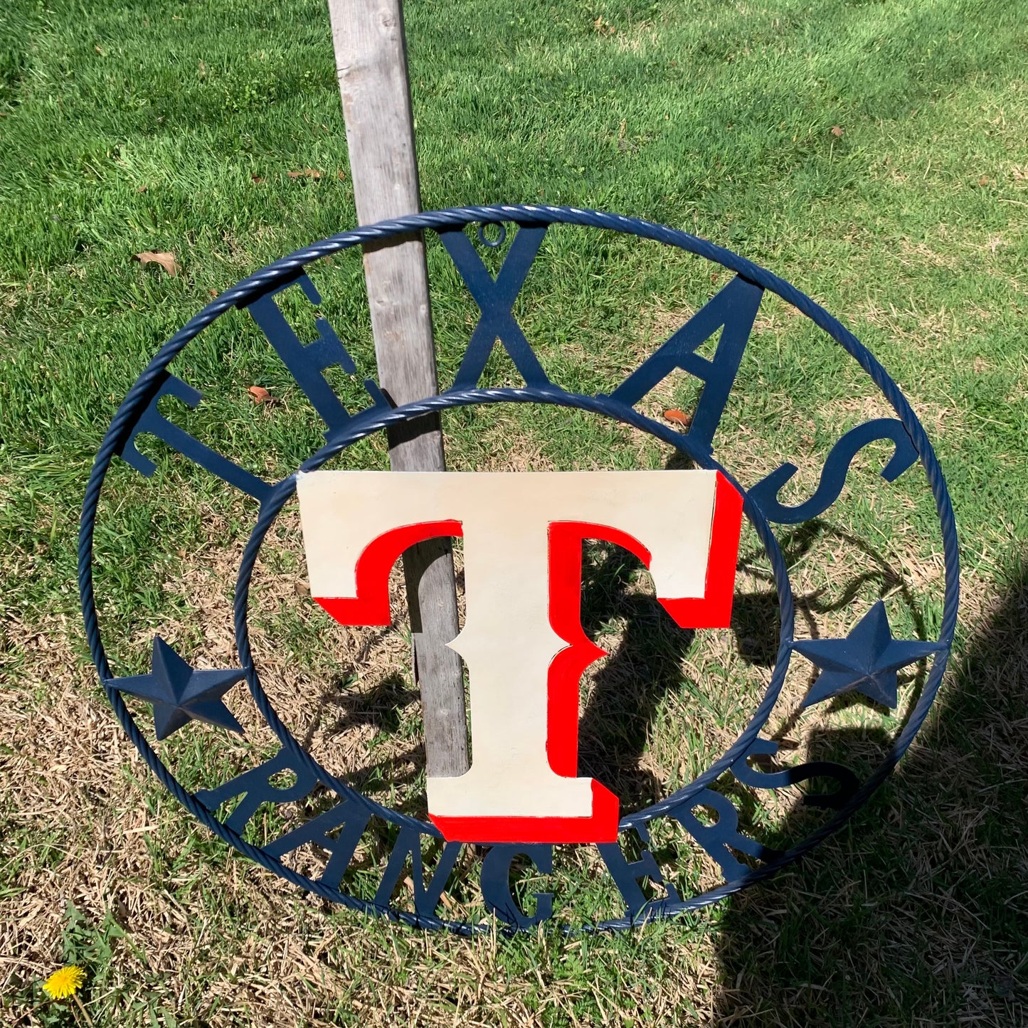 12", 18", 24", 32" TEXAS RANGERS BARN CUSTOM METAL VINTAGE CRAFT SIGN TEAM  WHITE & RED & NAVY BLUE RING & STAR HANDMADE