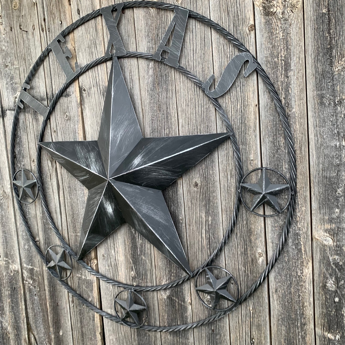 TEXAS BLACK DISTRESSED STAR TWO TONE TEXTURE BARN STAR METAL LONESTAR TWISTED ROPE RING WESTERN HOME DECOR HANDMADE NEW