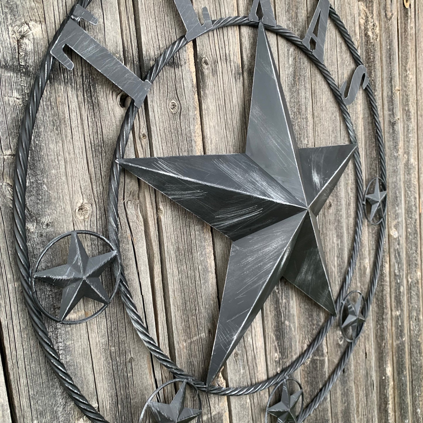 TEXAS BLACK DISTRESSED STAR TWO TONE TEXTURE BARN STAR METAL LONESTAR TWISTED ROPE RING WESTERN HOME DECOR HANDMADE NEW