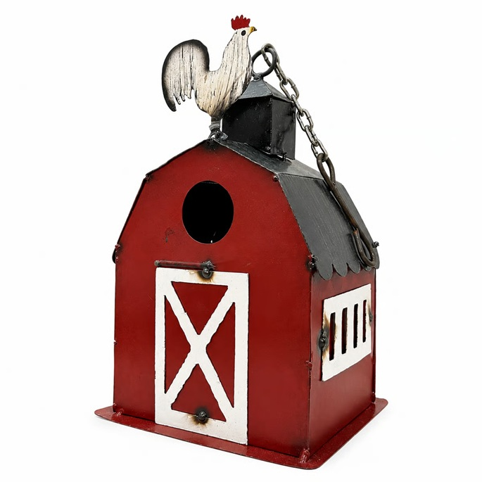 ROOSTER BARN BIRDHOUSE 13"H RED METAL WESTERN HOME DECOR HANDMADE #EH13584