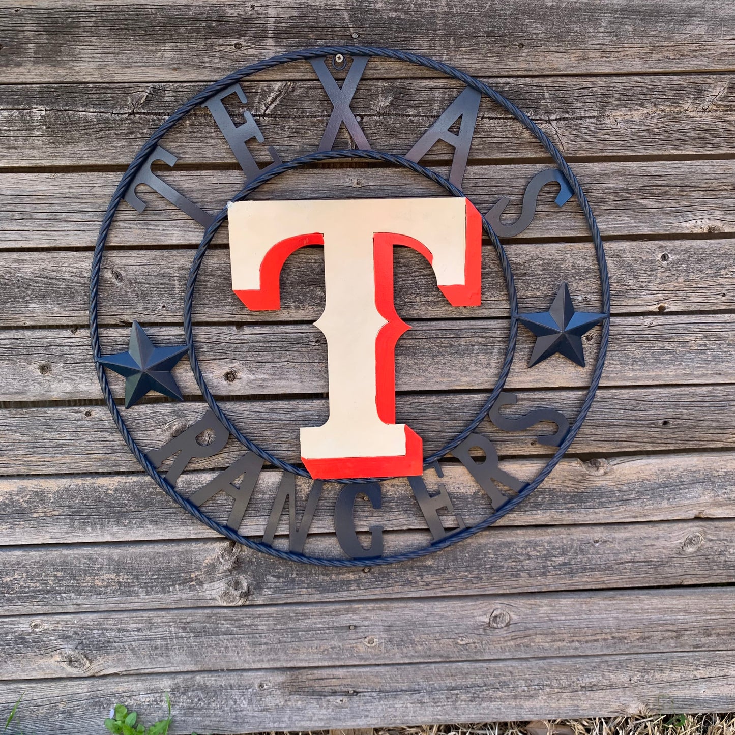 12", 18", 24", 32" TEXAS RANGERS BARN CUSTOM METAL VINTAGE CRAFT SIGN TEAM  WHITE & RED & NAVY BLUE RING & STAR HANDMADE