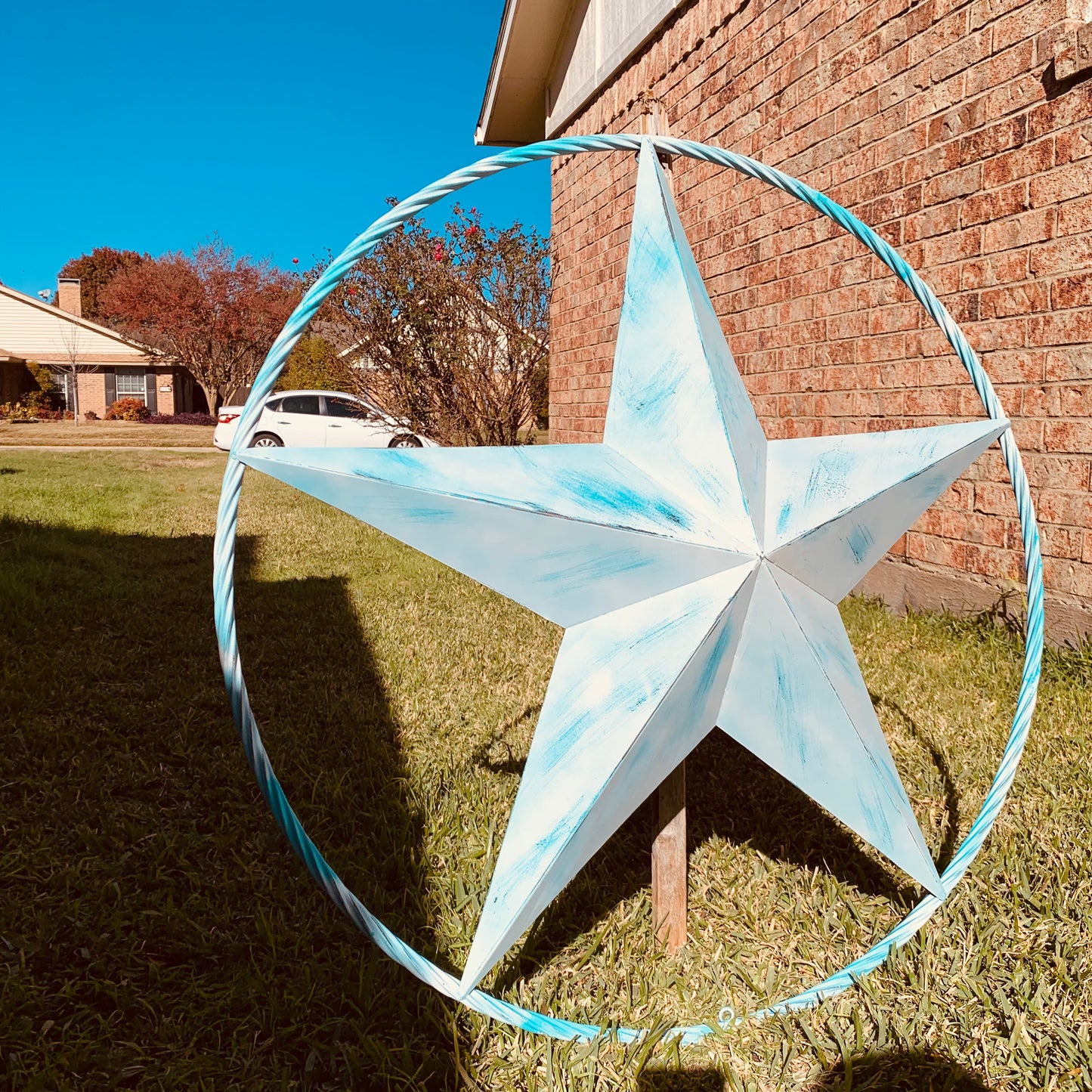 #EH11219 TURQUOISE WHITE DISTRESSED STAR TWO TONE TEXTURE BARN STAR METAL LONESTAR TWISTED ROPE RING WESTERN HOME DECOR HANDMADE NEW