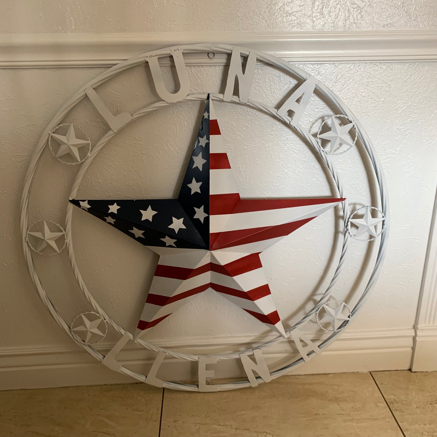 LUNA STYLE CUSTOM NAME BARN STAR METAL STAR 3d TWISTED ROPE RING WESTERN HOME DECOR USA FLAG STAR RED WHOTE & BLUE WITH WHITE RING HANDMADE 24",32",36",50"