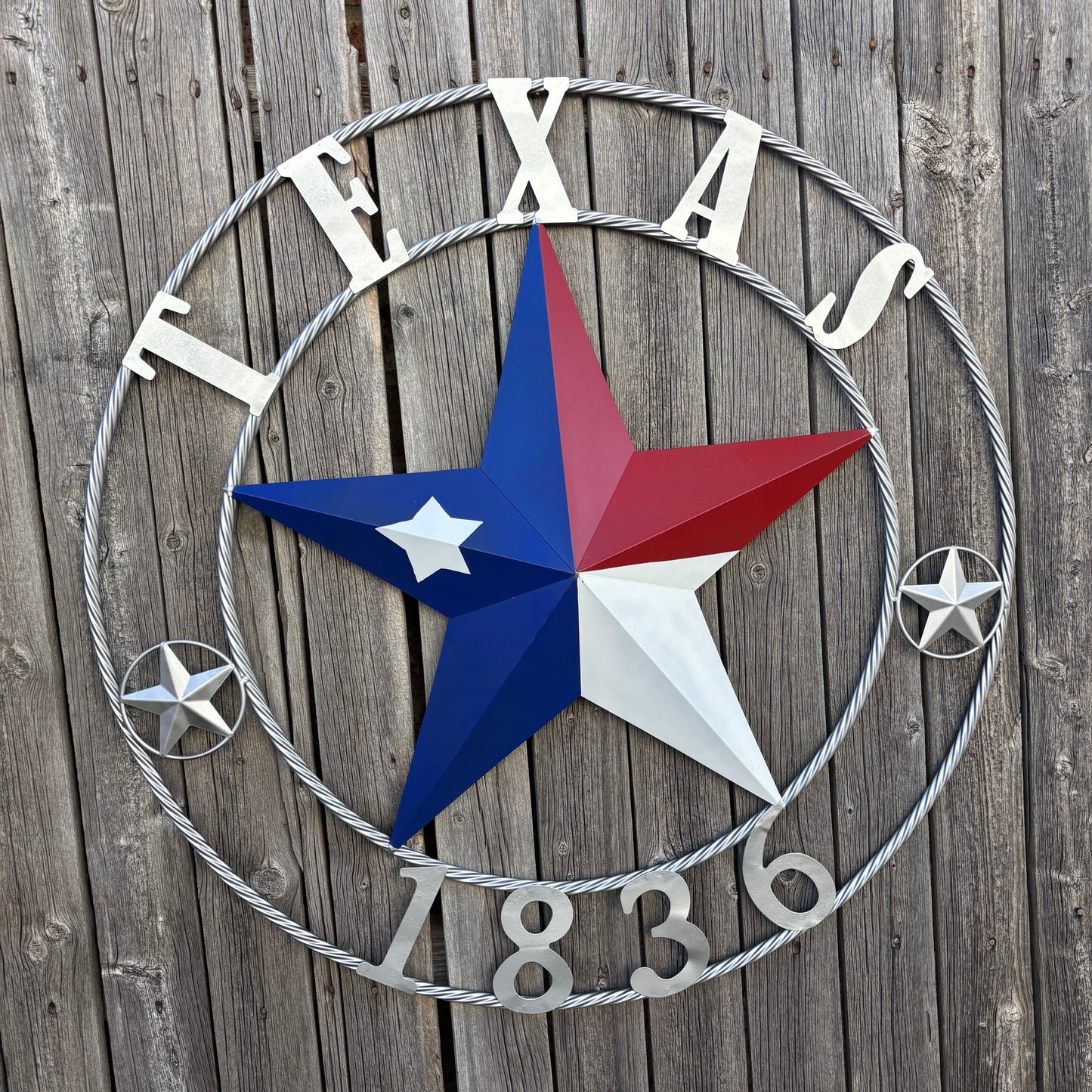 1836 TEXAS 1836 FLAG STAR RED WHITE BLUE TWISTED SILVER RING WESTERN HOME DECOR HANDMADE NEW