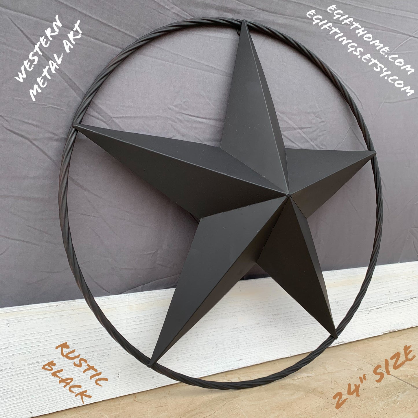 RUSTIC BLACK BARN STAR METAL LONE STAR 3d TWISTED ROPE RING WESTERN HOME DECOR HANDMADE NEW 12",16",24",32",36"-#EH10608