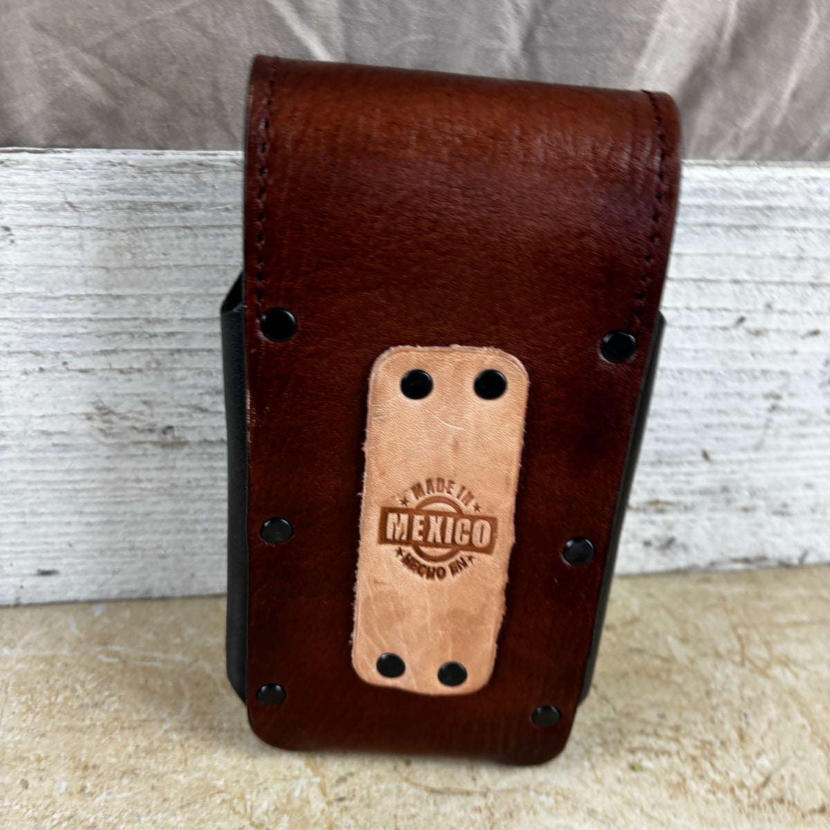 LONGHORN LEATHER HOLSTER 7" PHONE POUCH WITH KNIFE HOLDER FRONT EXTRA LARGE  BELT LOOP CELL PHONE CASE UNIVERSAL OVERSIZE MEXICO MADE #EH13806
