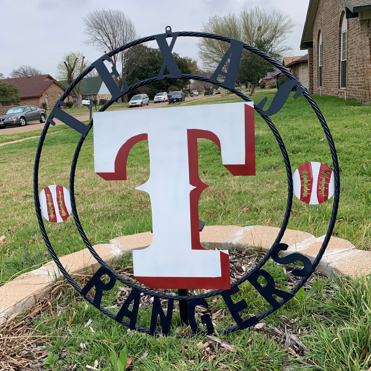 TEXAS RANGERS CUSTOM METAL VINTAGE CRAFT TEAM SIGN WHITE & RED & NAVY BLUE RING HANDMADE