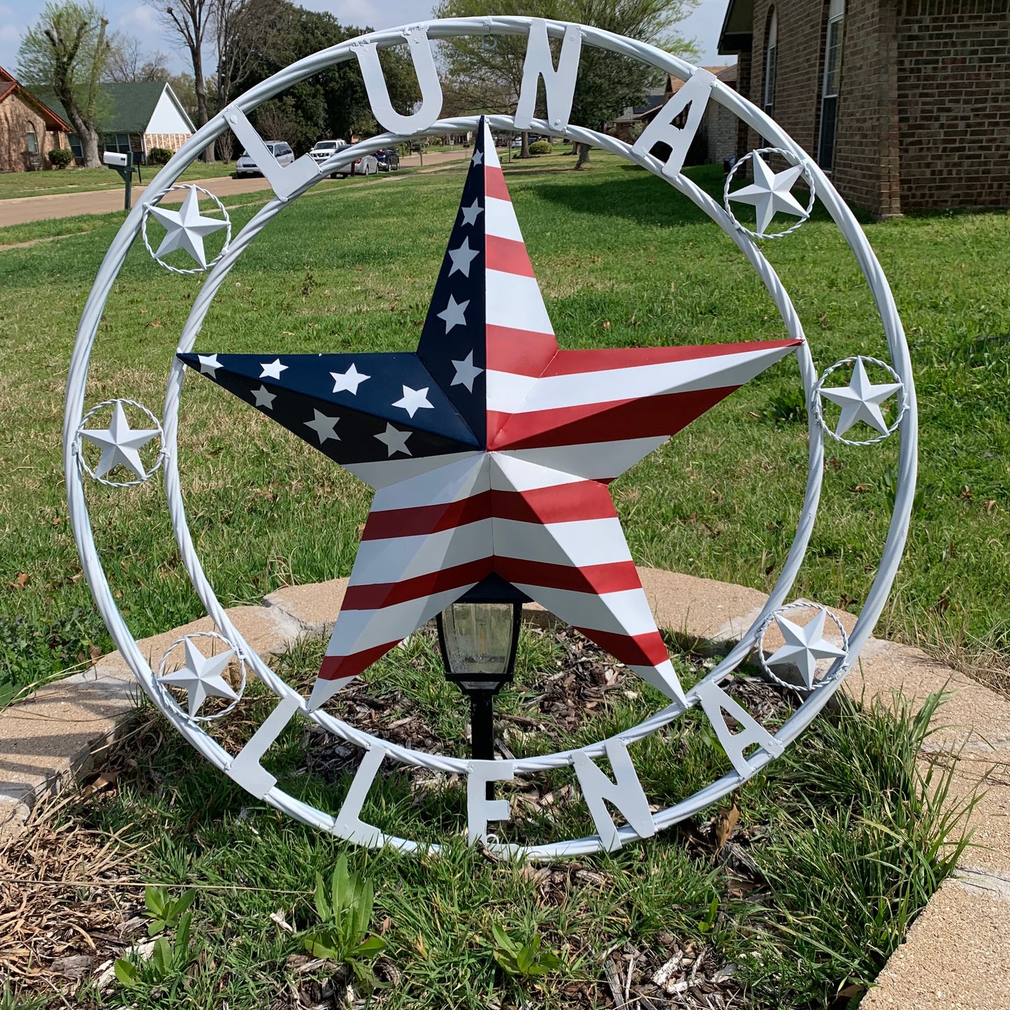 LUNA STYLE CUSTOM NAME BARN STAR METAL STAR 3d TWISTED ROPE RING WESTERN HOME DECOR USA FLAG STAR RED WHOTE & BLUE WITH WHITE RING HANDMADE 24",32",36",50"