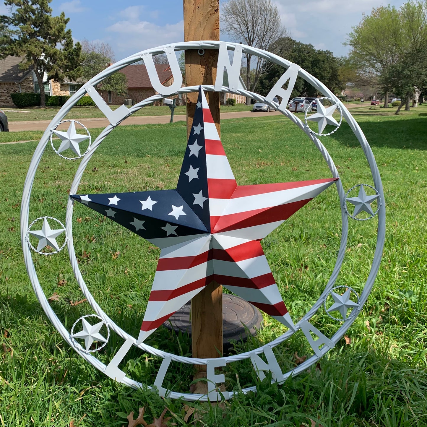 LUNA STYLE CUSTOM NAME BARN STAR METAL STAR 3d TWISTED ROPE RING WESTERN HOME DECOR USA FLAG STAR RED WHOTE & BLUE WITH WHITE RING HANDMADE 24",32",36",50"