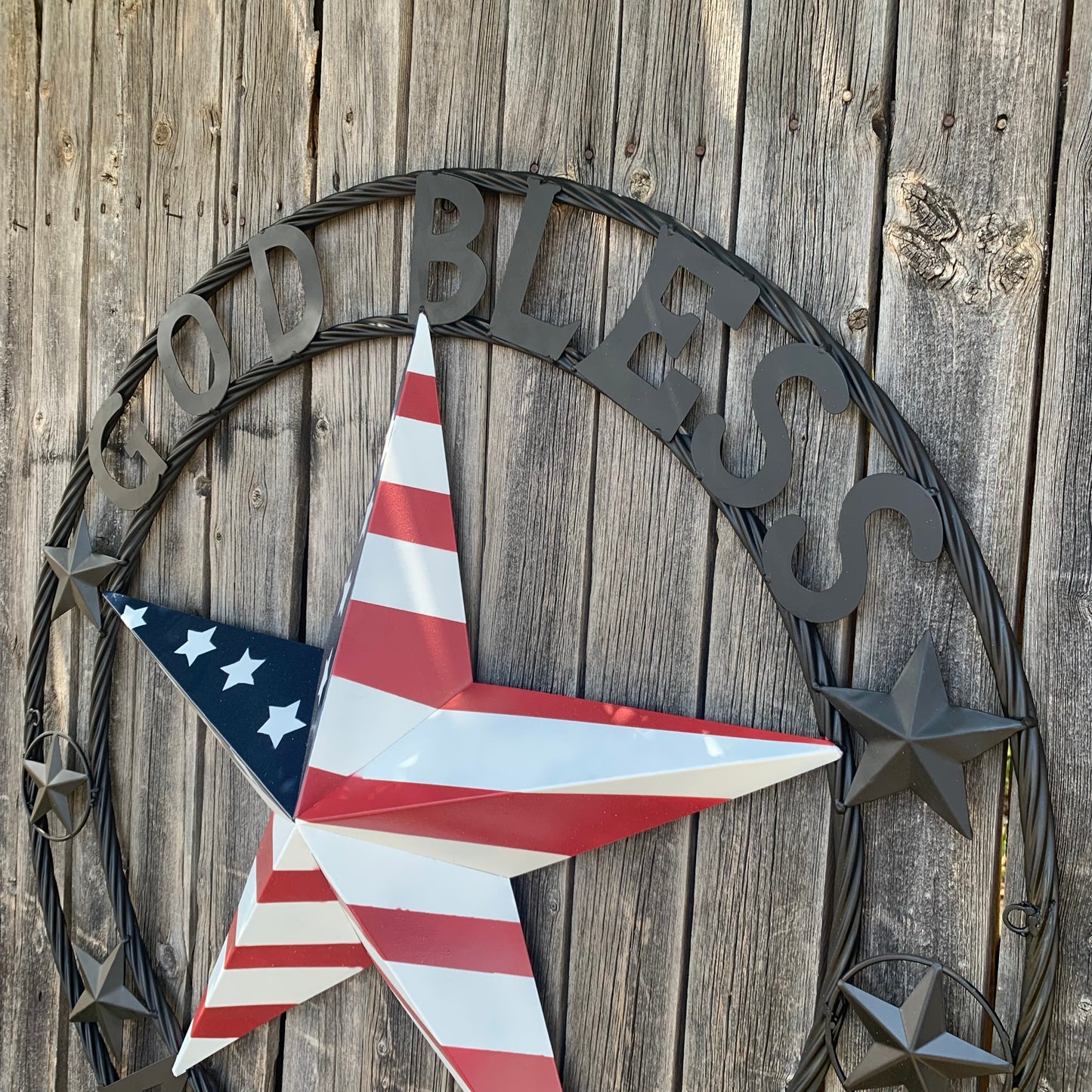 GOD BLESS AMERICA USA FLAG 3d STAR METAL BARN STAR BLACK TWISTED ROPE RING WALL ART WESTERN HOME DECOR RED WHITE & BLUE HANDMADE NEW #EH10490