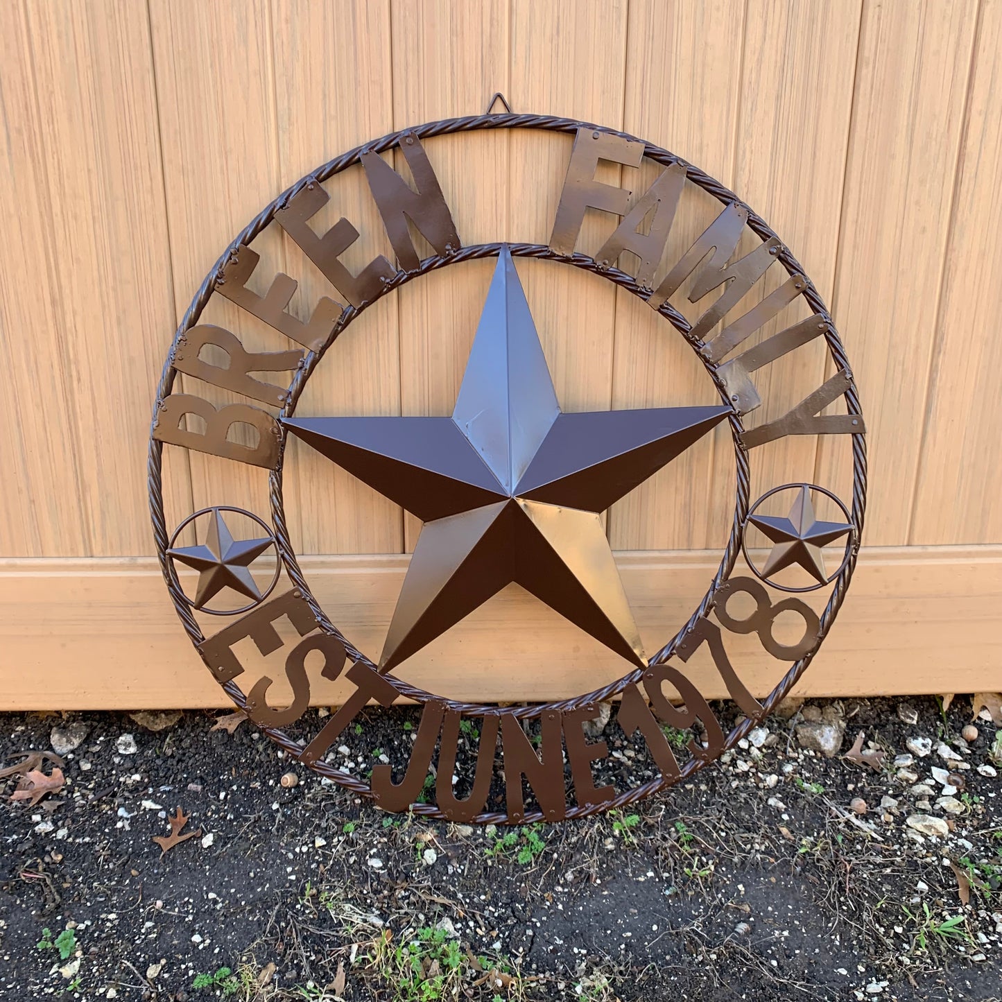 BREEN FAMILY STYLE CUSTOM NAME STAR BARN METAL STAR 3d TWISTED ROPE RING WESTERN HOME DECOR RUSTIC BROWN HANDMADE 24",32",36",50"