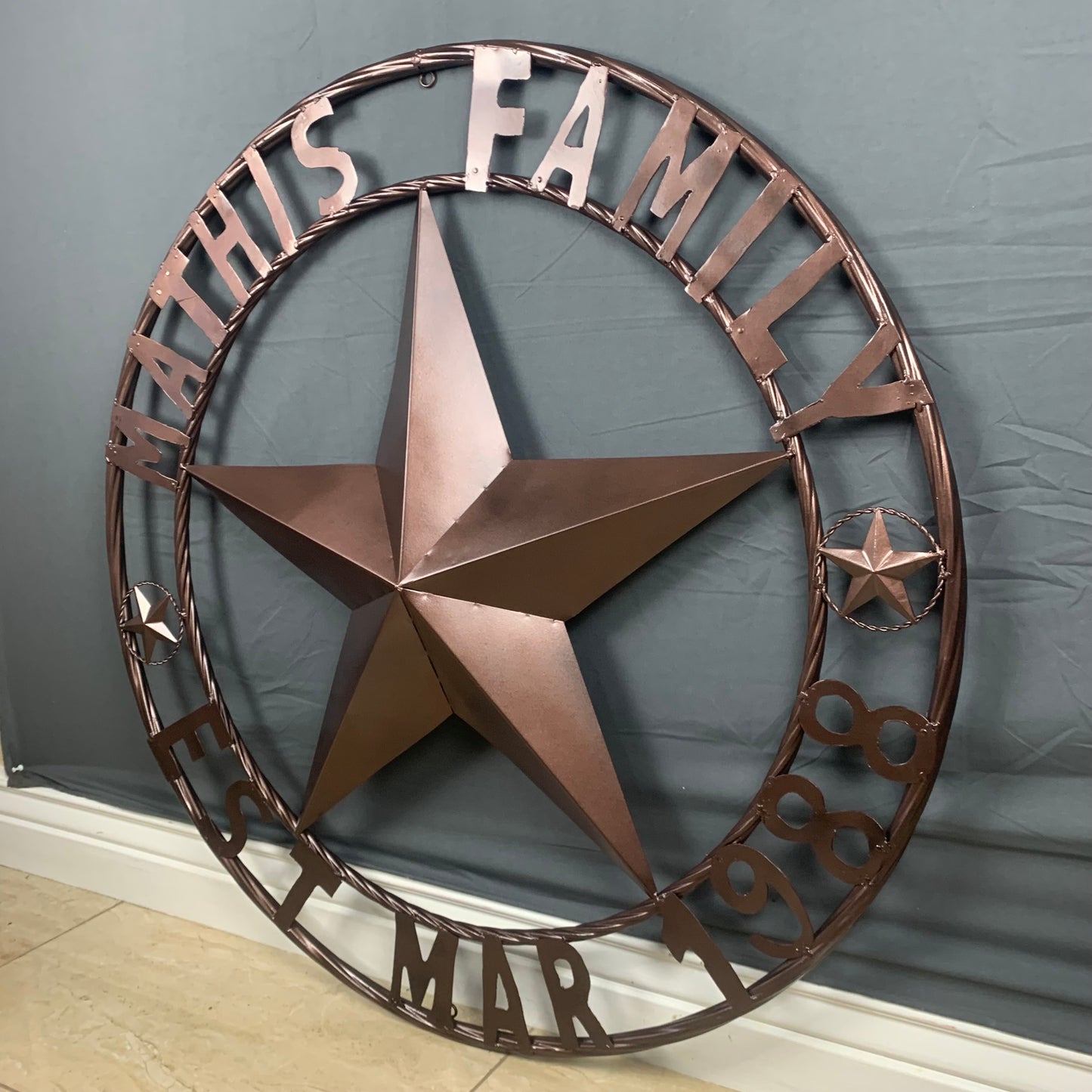 MATHIS STYLE CUSTOM NAME STAR BARN STAR 3d METAL LONESTAR TWISTED ROPE RING WESTERN HOME DECOR RUSTIC BRONZE COPPER HANDMADE 24",32",36",50"