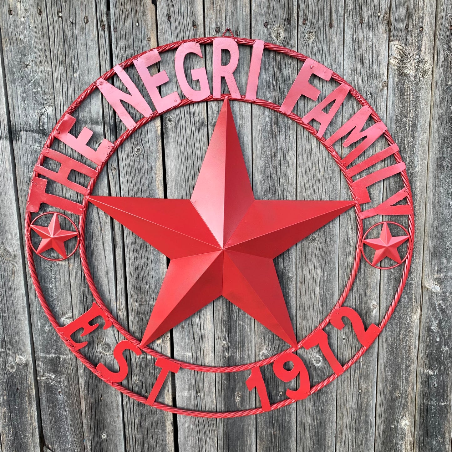 NEGRI FAMILY STYLE YOUR CUSTOM NAME STAR BARN STAR METAL LONE STAR WESTERN HOME DECOR RUSTIC BURGUNDY RED HANDMADE 24",32",36",50"
