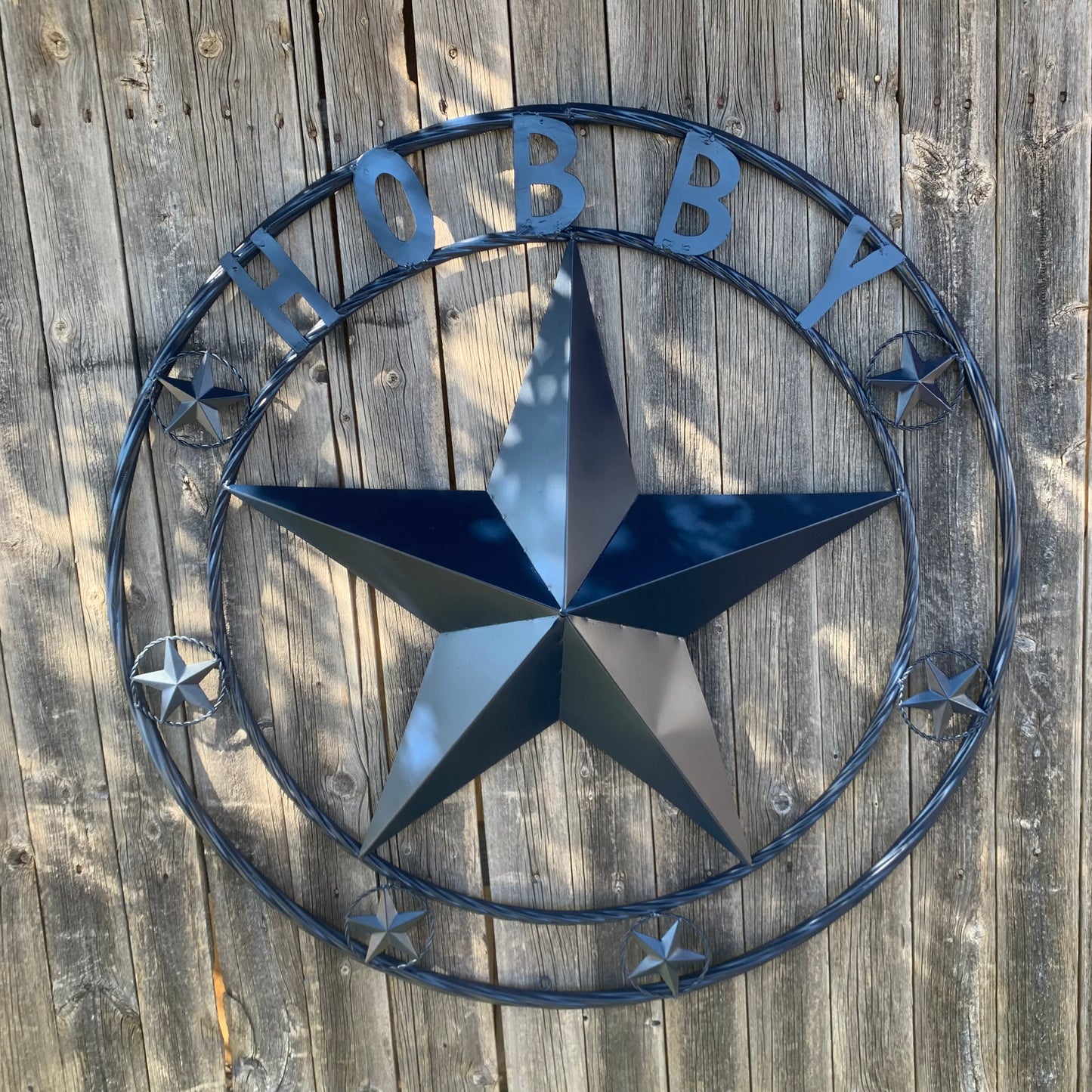 HOBBY STYLE CUSTOM NAME STAR BARN METAL STAR 3d TWISTED ROPE RING WESTERN HOME DECOR RUSTIC NAVY BLUE HANDMADE 24",32",36",50"