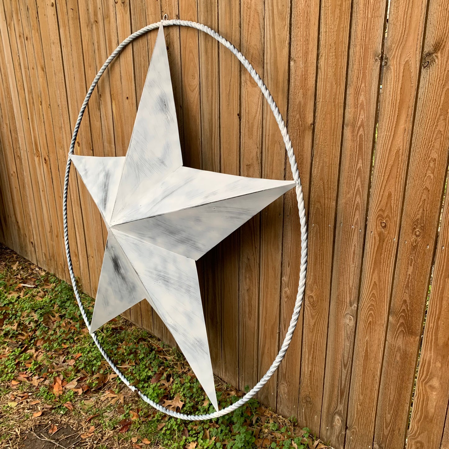 5 FOOT WHITE DISTRESSED STAR TWO TONE TEXTURE BARN STAR METAL LONESTAR TWISTED ROPE RING WESTERN HOME DECOR HANDMADE NEW