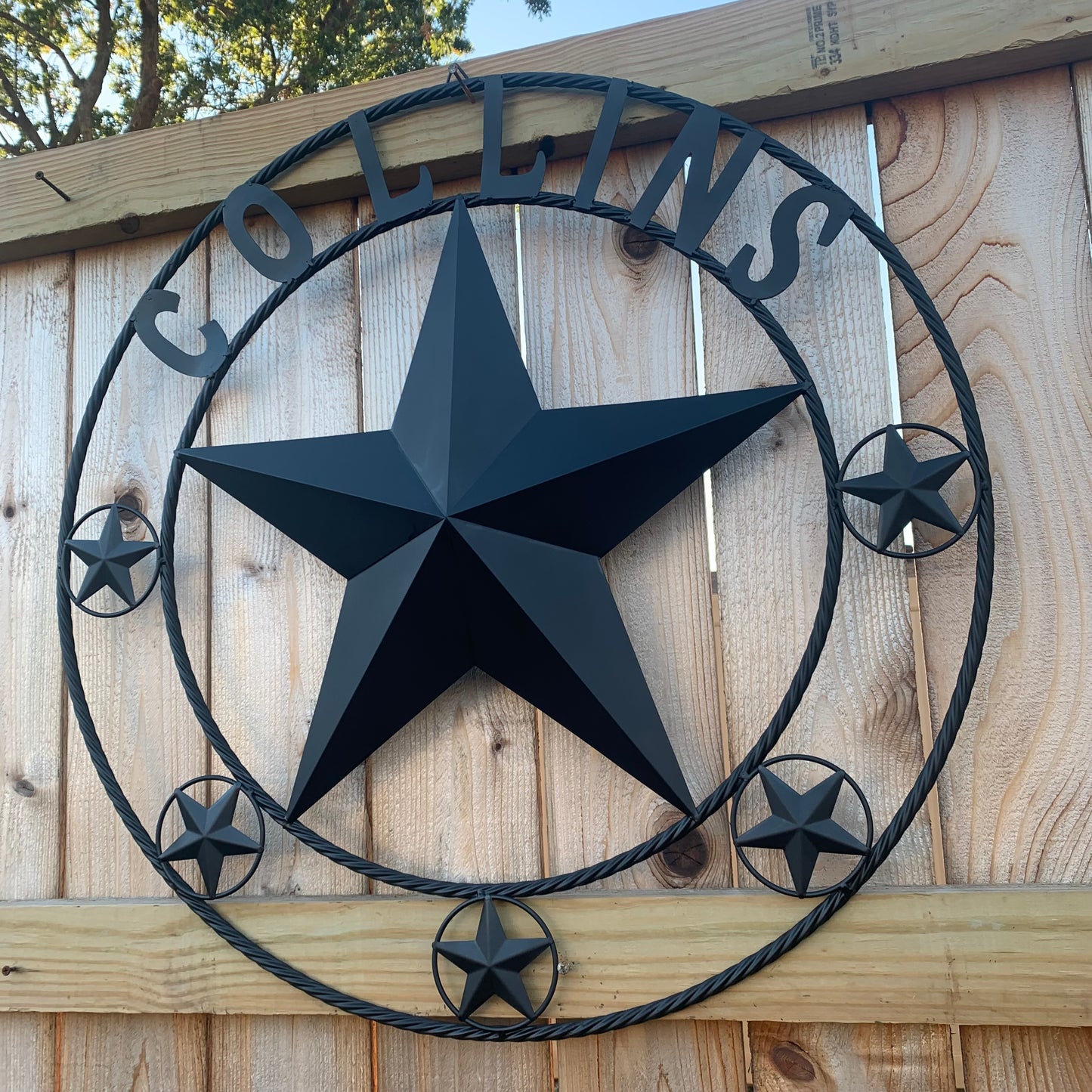 COLLINS STYLE CUSTOM STAR NAME BARN METAL STAR 3d TWISTED ROPE RING WESTERN HOME DECOR RUSTIC BLACK HANDMADE 24",32",36",50"