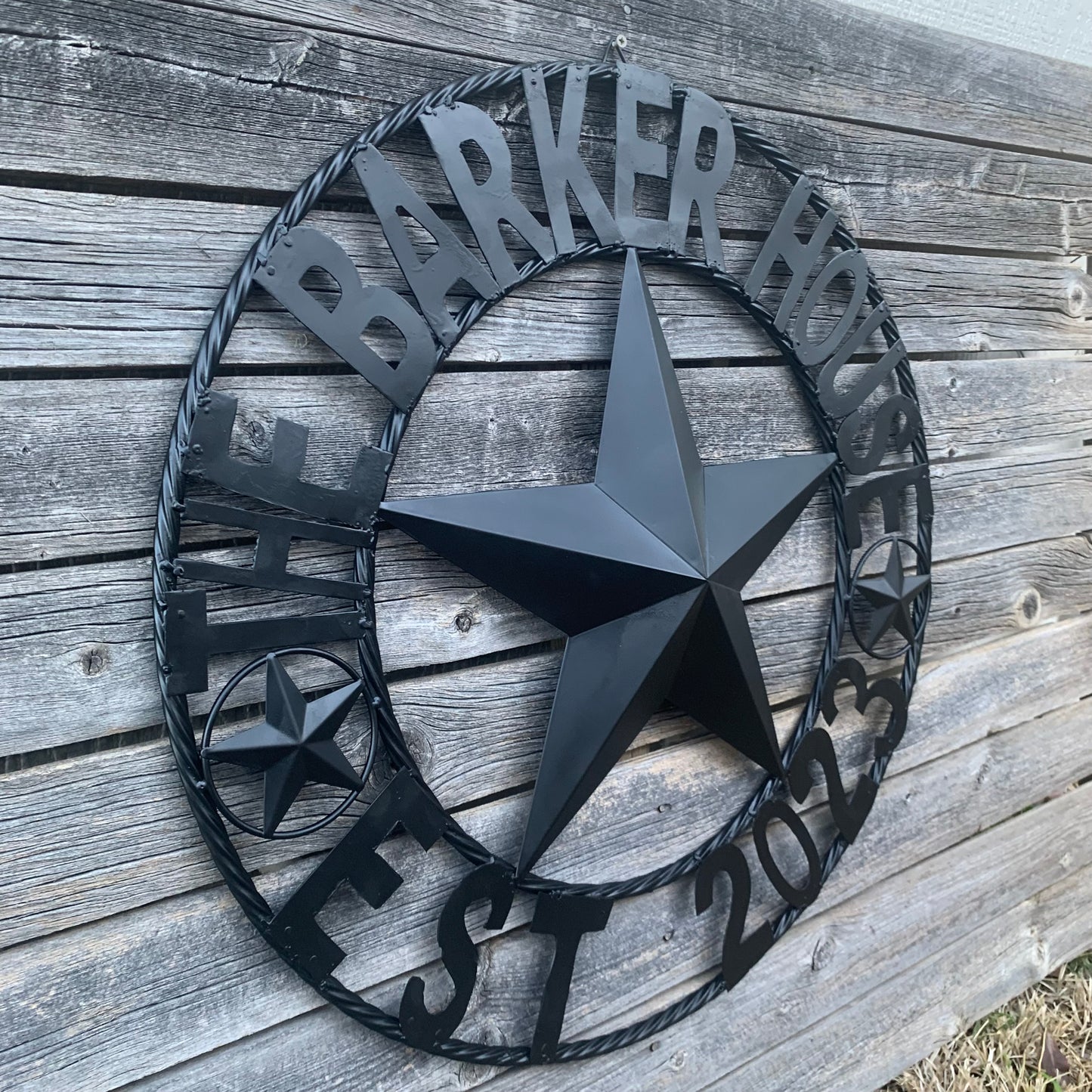 BARKER STYLE CUSTOM NAME STAR BARN METAL STAR 3d TWISTED ROPE RING LONESTAR WESTERN HOME DECOR RUSTIC BLACK HANDMADE 24",32",36",50"