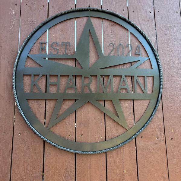 30" KHARMAN CUSTOM NAME SIGN LASERCUT CUSTOM METAL VINTAGE CRAFT SIGN WITH TWISTED ROPE RING WESTERN HOME DECOR HANDMADE NEW