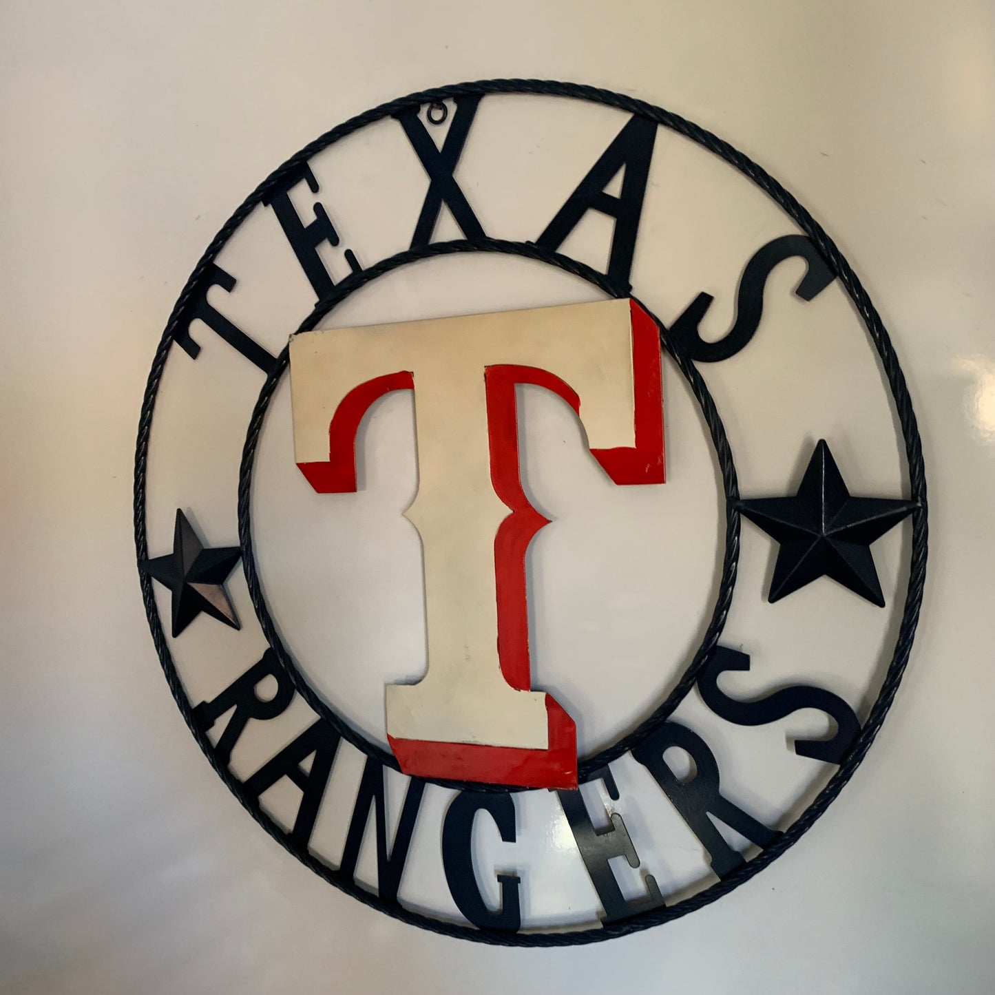 12", 18", 24", 32" TEXAS RANGERS BARN CUSTOM METAL VINTAGE CRAFT SIGN TEAM  WHITE & RED & NAVY BLUE RING & STAR HANDMADE