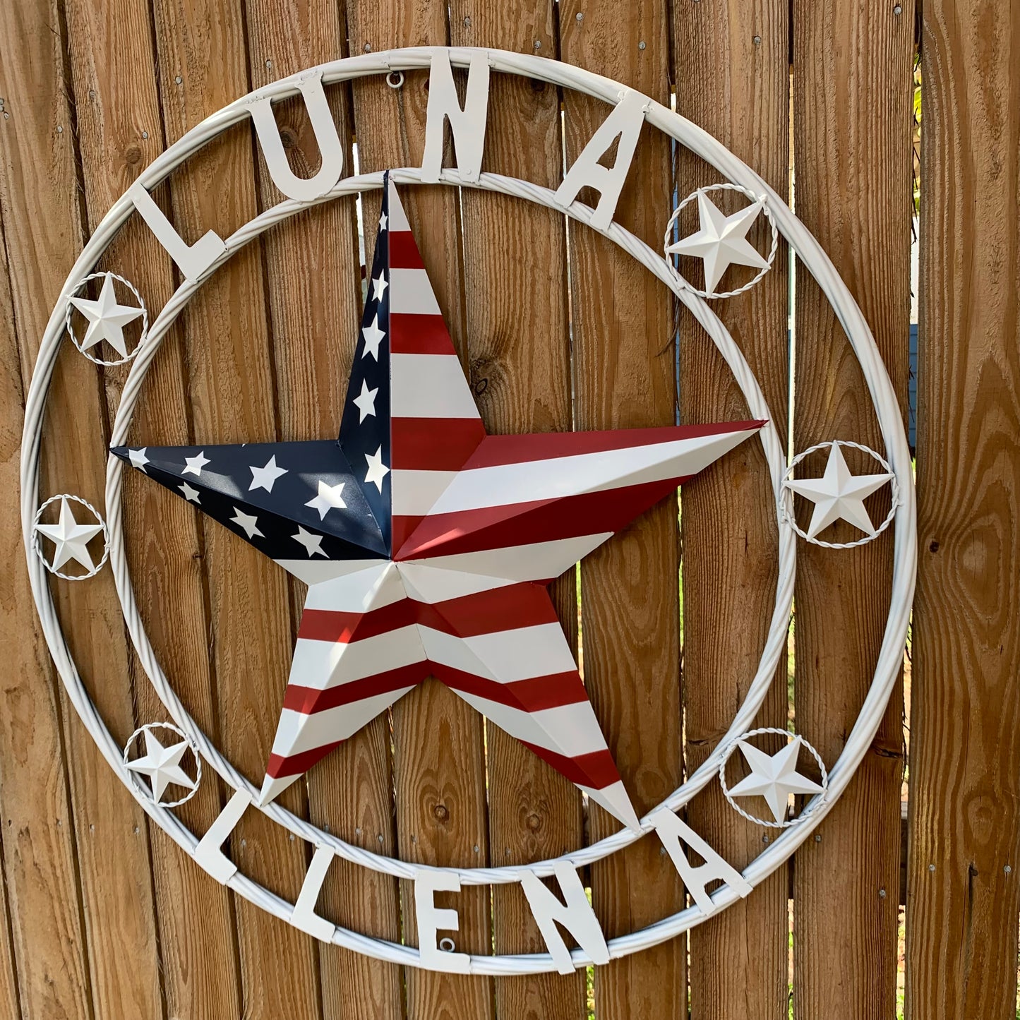 LUNA STYLE CUSTOM NAME BARN STAR METAL STAR 3d TWISTED ROPE RING WESTERN HOME DECOR USA FLAG STAR RED WHOTE & BLUE WITH WHITE RING HANDMADE 24",32",36",50"